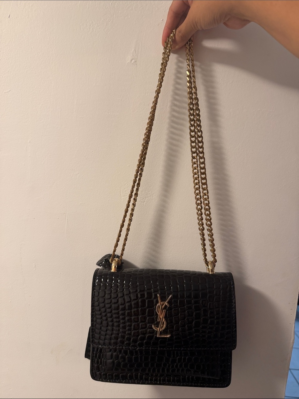 Black Croc-Embossed Shoulder Bag with Gold Chain Strap